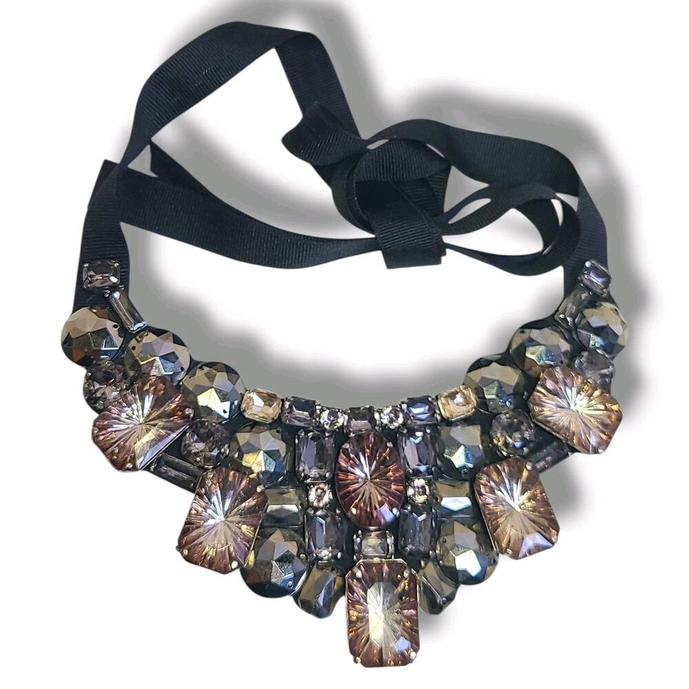 Tasha Chunky Rhinestone‎ Bib Statement Necklace Black Ribbon